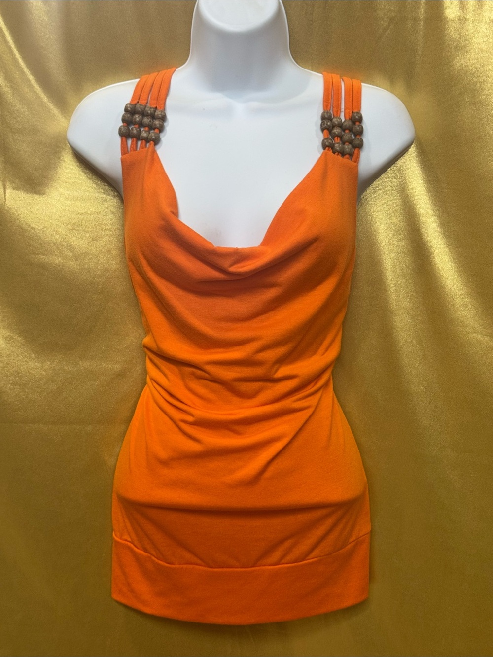 Allison Britney Orange Cowl Neck Bead-Strap Tank Blouse Medium